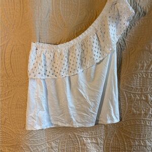 LOFT White Asymmetrical Ruffled Sleeveless Top